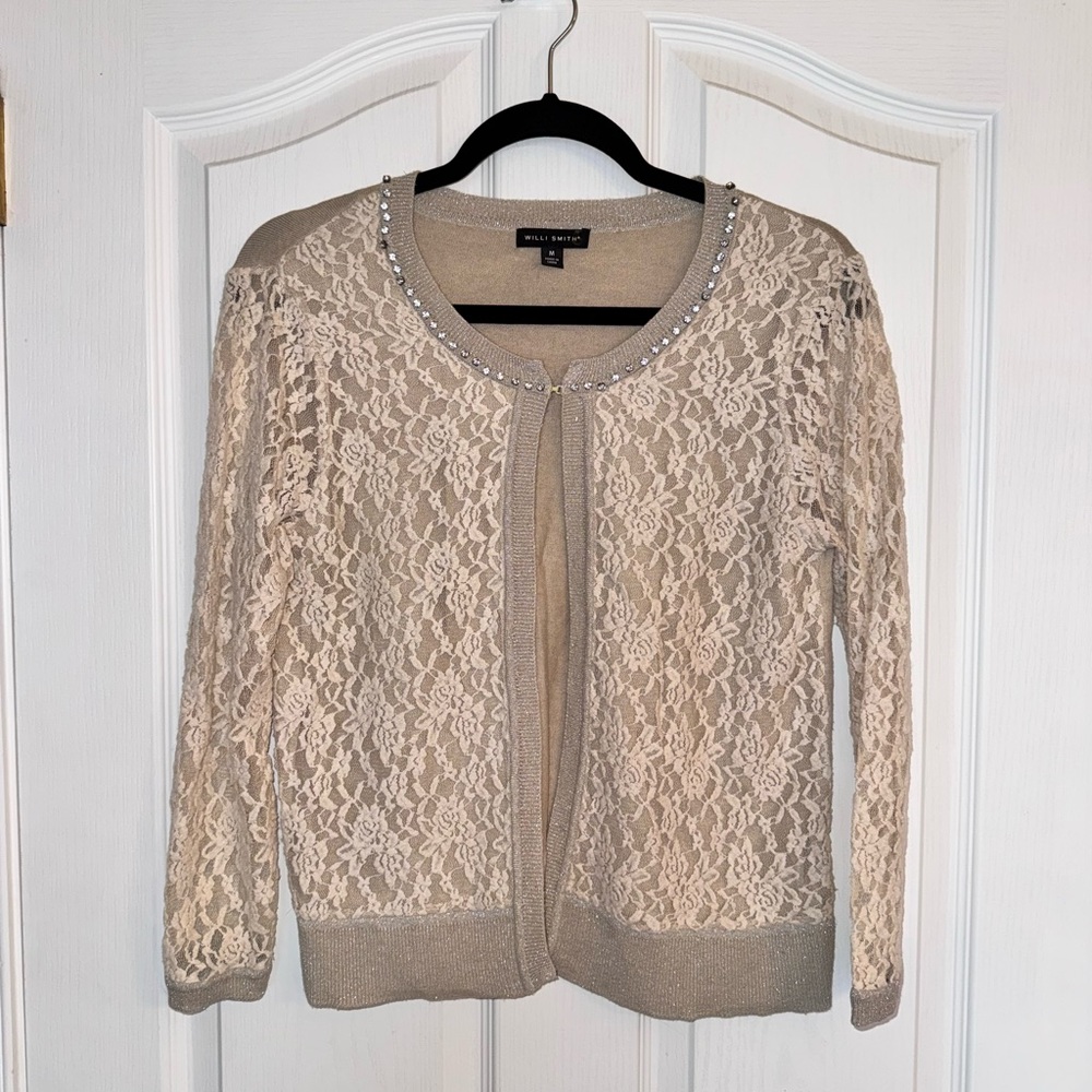 Willi Smith Women’s Cream Lace Rhinestone Cardigan Size Medium